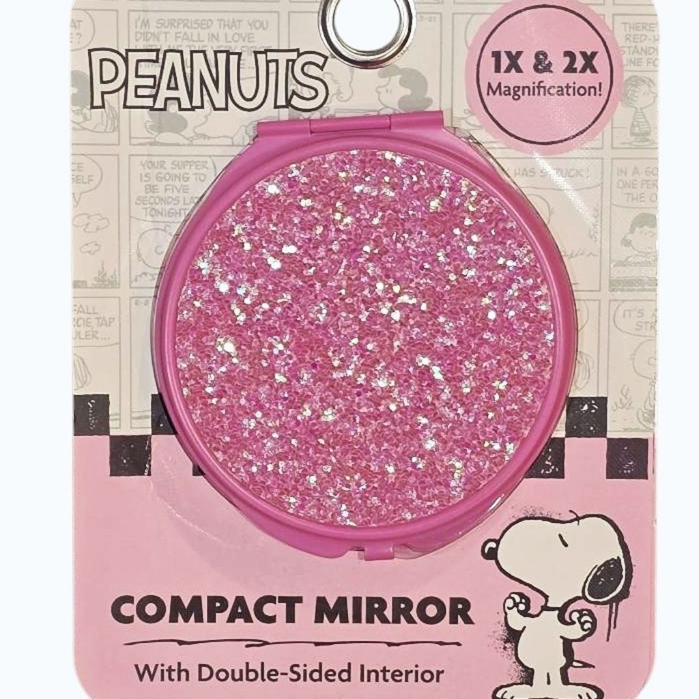 Peanuts Pink Glitter Compact Magnification Mirror w/Double-Sided Interior